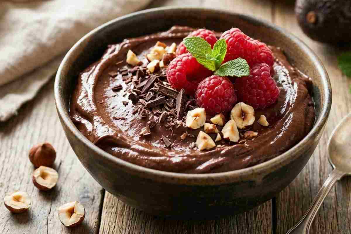 Inquadratura ravvicinata di una mousse al cioccolato vellutata guarnita con lamponi freschi, granella di nocciole e scaglie di cacao, servita in una ciotola di ceramica su un tavolo di legno.