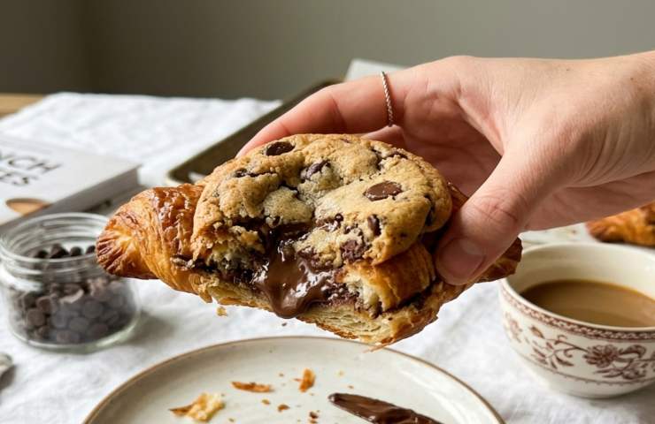 Un crookie servito appena preparato visto da vicino e tenuto in mano sopra ad un piatto.