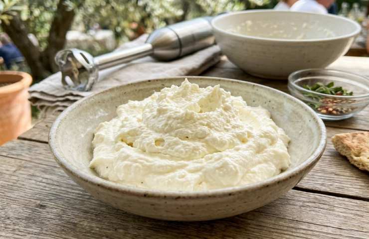 Crema di Feta fatta in casa appena frullata nel mixer, consistenza spumosa e densa pronta da servire.