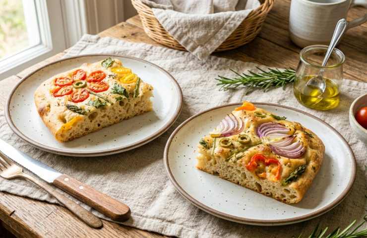 Focaccia fiorita di Pasqua a fette su due piatti artigianali serviti su tavola apparecchiata: la ricetta 'Garden Art' alta e soffice.