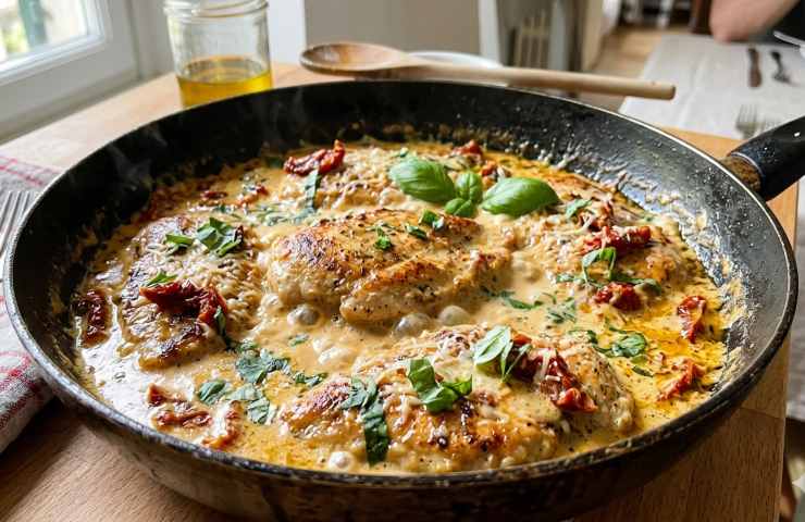 Marry Me Chicken: petti di pollo cremosi in padella con pomodori secchi, parmigiano e basilico fresco.