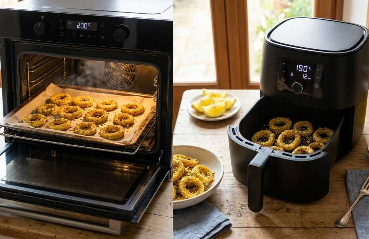 Doppia modalità di cottura per i calamari al pistacchio: a sinistra anelli dorati su teglia in forno ventilato a 200°C, a destra cottura croccante in friggitrice ad aria a 190°C. Luce naturale su cucina moderna.