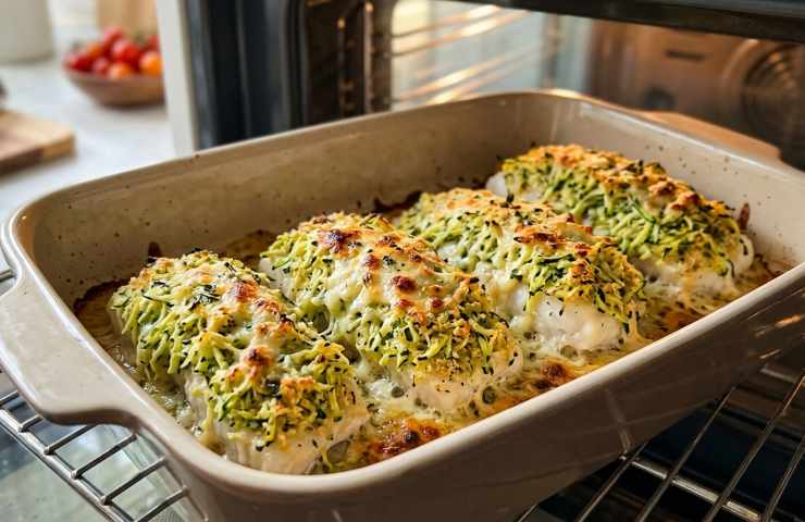 Filetti di merluzzo al forno con crosta di zucchine e parmigiano gratinato in teglia estratta dal forno.