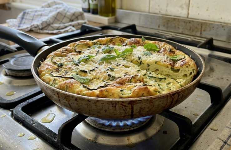 Frittata di zucchine che si gonfia in padella sul fornello acceso. La foto mostra l'incredibile altezza raggiunta dal composto durante la cottura lenta con il segreto della separazione di tuorli e albumi.