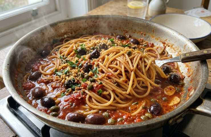 Mantecatura degli spaghetti alla puttanesca di magro in padella con sugo di pomodoro, olive e capperi per il Mercoledì Santo.