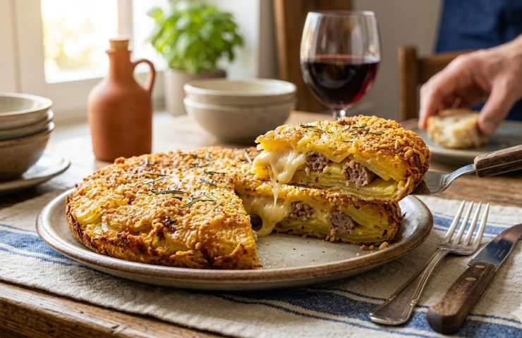 Schiacciata di patate e salsiccia croccante servita su piatto rustico con fetta sollevata che mostra il cuore filante di provola e la crosticina d'oro, su tavola apparecchiata