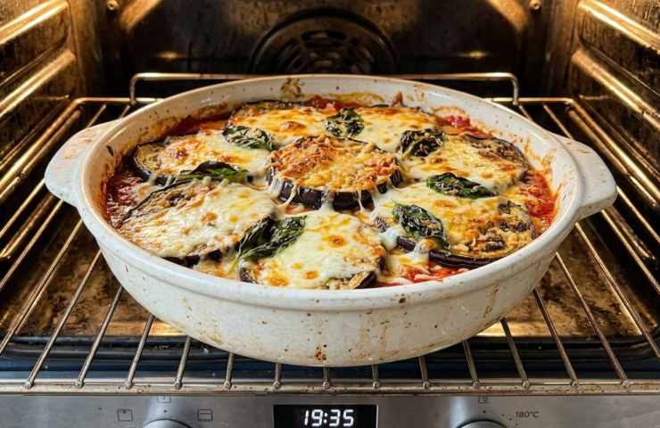 Tortino di melanzane e mozzarella filante in teglia al forno con basilico fresco, ricetta vegetariana.