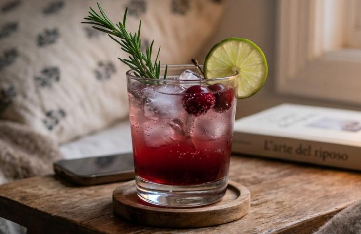 Bicchiere singolo di Sleepy Girl Mocktail all'amarena e magnesio sul comodino accanto a un libro.