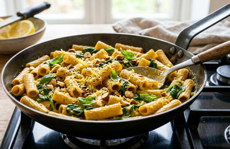 Una padella in acciaio sul piano cottura a gas piena di pasta integrale rigata condita con una cremosa salsa di ceci gialla, foglie di spinaci freschi e mandorle tostate tritata, pronta per essere servita.