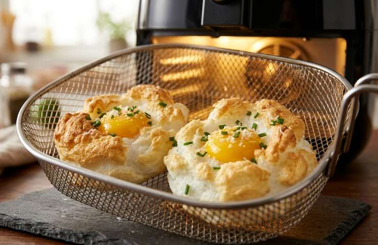 Nuvole d'uovo in friggitrice ad aria: Cloud Eggs dorate e soffici nel cestello, ricetta veloce e light per un brunch sano.