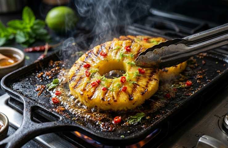 Ananas fresco tagliato a fette che sfrigola su una piastra di ghisa rovente, con evidenti striature di grigliatura e una leggera fumata di caramellizzazione. Il dolce è stato appena condito con miele, peperoncino rosso sbriciolato e scorza di lime fresca, ancora sulla fonte di calore.