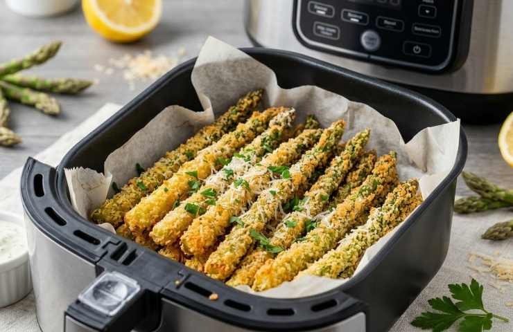 Asparagi impanati croccanti appena cotti nel cestello della friggitrice ad aria, dorati e guarniti con Parmigiano e prezzemolo.