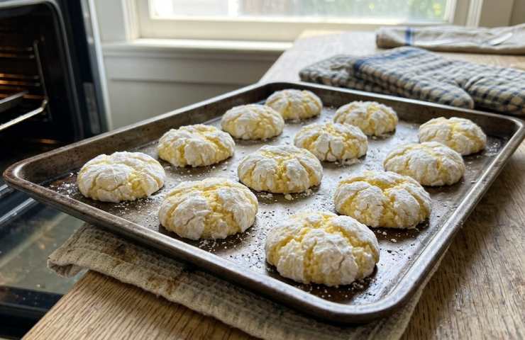 Lemon Crinkle Cookies appena sfornati sulla teglia: biscotti al limone morbidi con crepe perfette e zucchero a velo bianco.