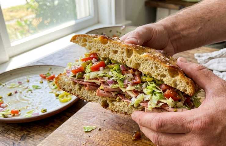 Focaccia tritata Chopped Sandwich virale con mortadella e pistacchi.