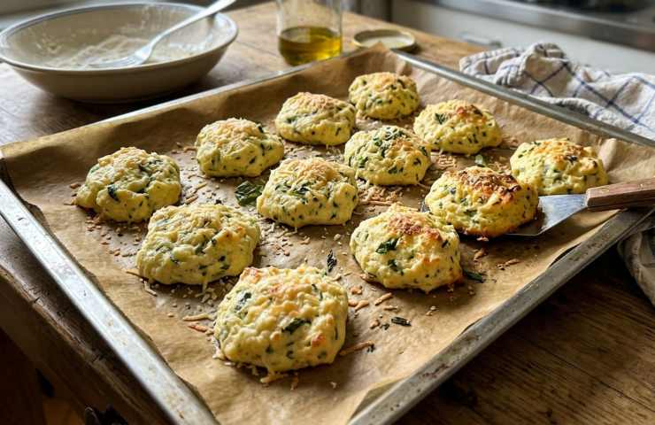 Teglia di nuvole di ricotta senza glutine appena sfornate su tavolo di legno.