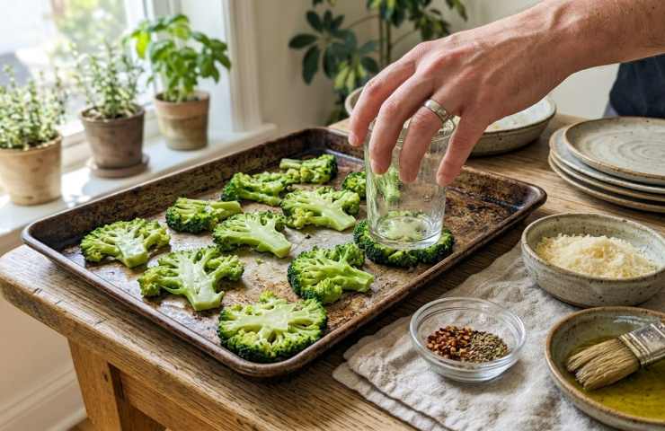 Teglia di broccoli schiacciati conditi con parmigiano e spezie pronti per il forno.