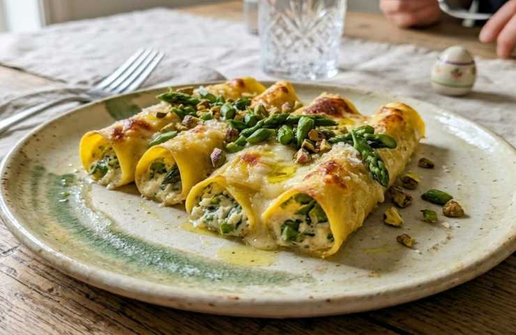 Quattro Cannelloni di Crespelle con Ricotta, Asparagi e Taleggio in un piatto su tavola apparecchiata.