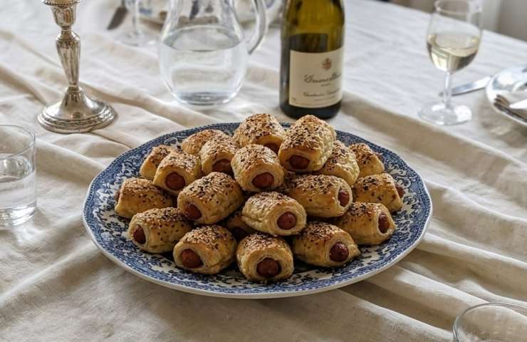 Piatto da portata colmo di mini-hot dog di sfoglia su una tavola imbandita durante un aperitivo tra amici.
