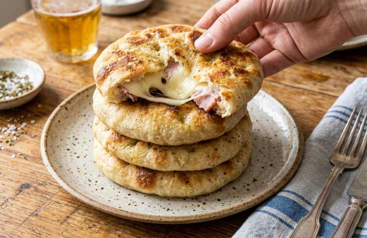 Torre di focaccini in padella senza lievitazione ripieni di prosciutto e formaggio fuso, serviti a tavola per una cena veloce.