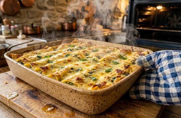 Crespelle ricotta e spinaci calde e fumanti appena sfornate, primo piatto vegetariano per Pasqua.