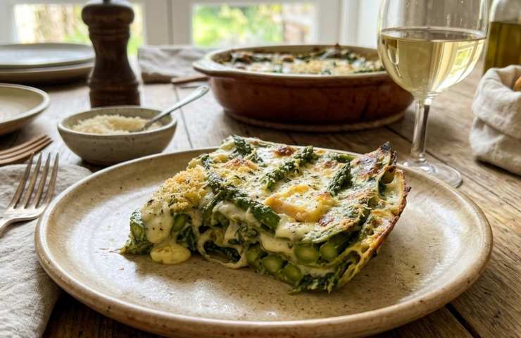 Fetta di lasagna verde agli asparagi e taleggio servita in un piatto su una tavola imbandita, con cuore filante di formaggio e crosticina croccante.