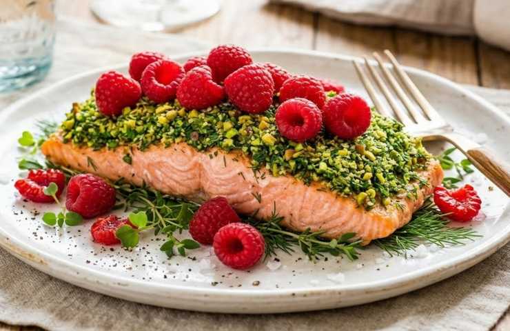 Filetto di salmone gourmet con crosta croccante di erbe verdi e pistacchi, guarnito con lamponi rossi freschi su un piatto bianco luminoso.