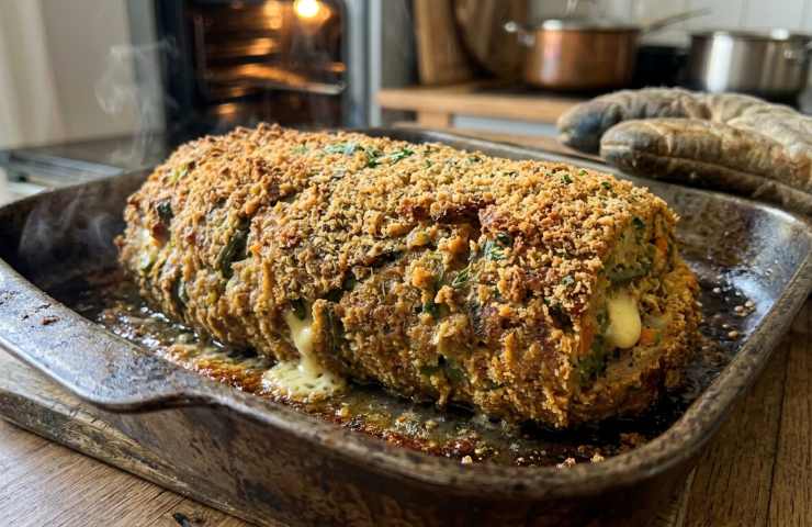 Polpettone vegetariano con fagiolini, patate e cuore di scamorza filante, dorato e croccante fuori, servito a fette.