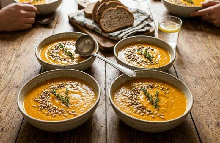Quattro ciotole di vellutata di zucca e carote cremosa servite a tavola, guarnite con semi di girasole, olio evo e timo, con fette di pane rustico e persone pronte a mangiare in un'atmosfera conviviale.