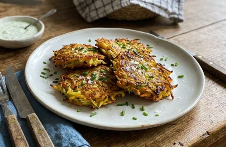 Rosti di patate e zucchine croccantissimi serviti in un piatto di ceramica su una tavola rustica, con contorno di salsa allo yogurt e pane casereccio.