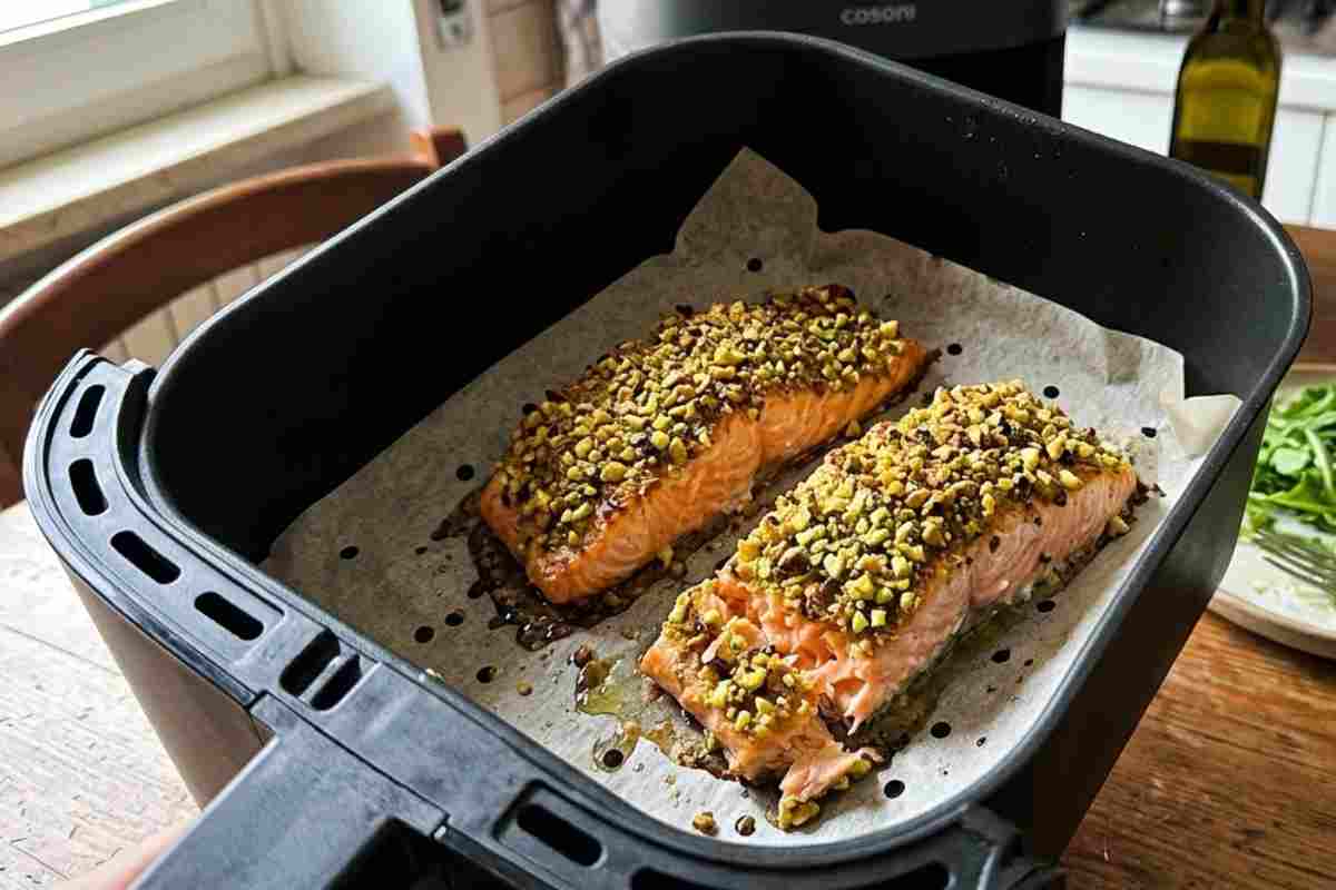 Filetti di salmone con crosta di pistacchi nel cestello della friggitrice ad aria su carta forno, scatto ravvicinato in cucina.