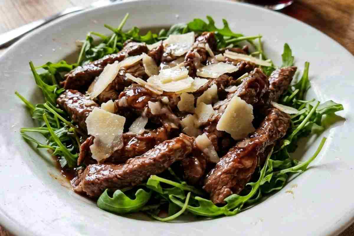 Piatto di straccetti di manzo cremosi con rucola fresca e scaglie di grana, servito su un tavolo in legno.