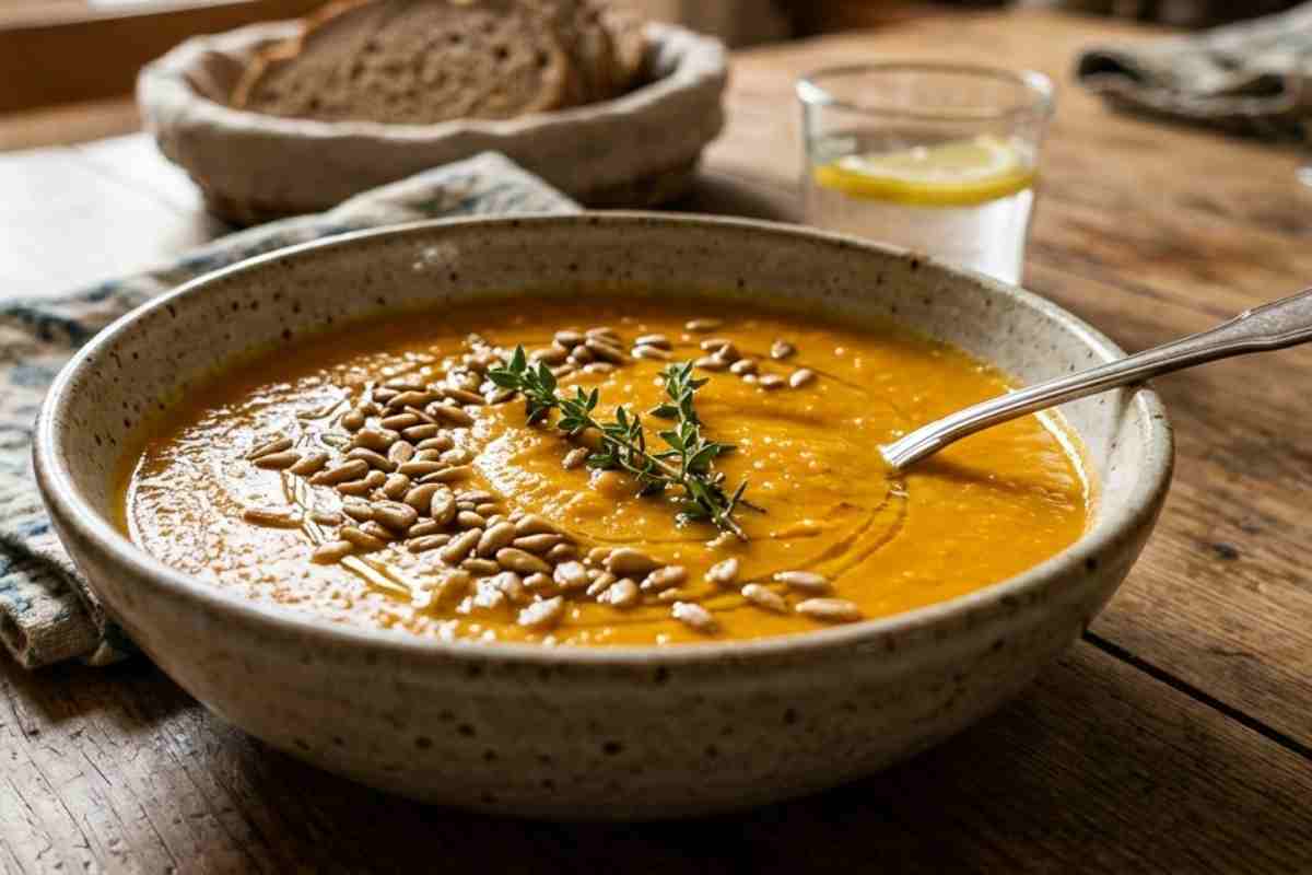 Primo piano di una vellutata di zucca e carote densa e cremosa in una ciotola di ceramica, guarnita con semi di girasole tostati e un rametto di timo, su un tavolo di legno rustico con pane integrale e acqua e limone sullo sfondo.