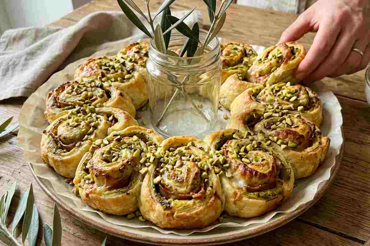 Corona di rose di pasta sfoglia salata con pistacchio e mortadella, antipasto Domenica delle Palme su tavola in legno.