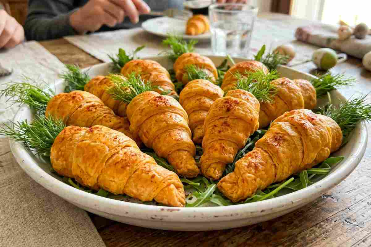 Cornetti salati di sfoglia a forma di carota per antipasto di Pasqua: trend Pinterest 2026.