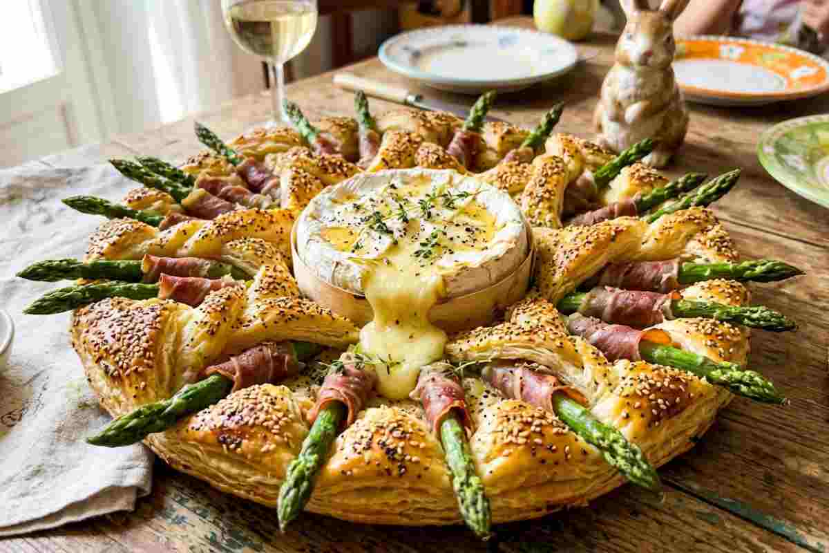 Ghirlanda di pasta sfoglia con asparagi e Camembert fuso centrotavola per l'antipasto di Pasqua.