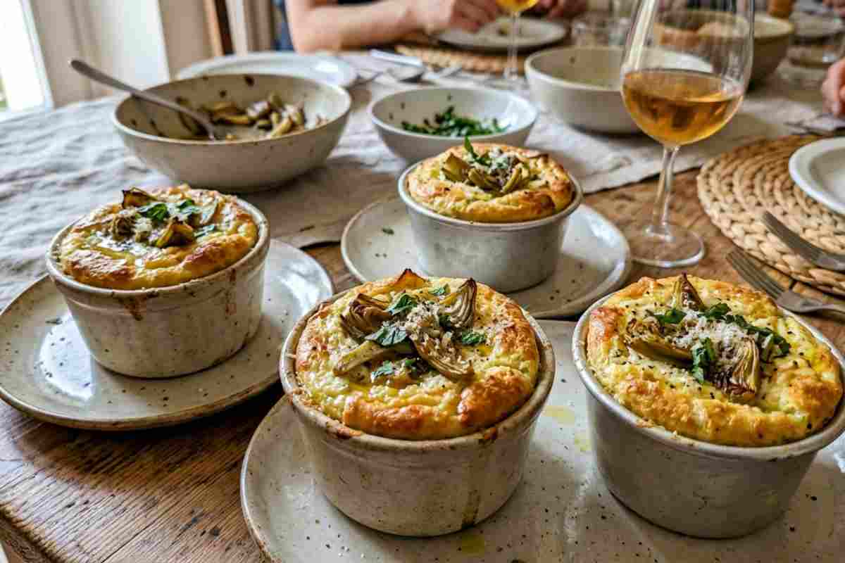 Sformatini di ricotta e carciofi serviti su dei piatti bianchi su tavola di legno.