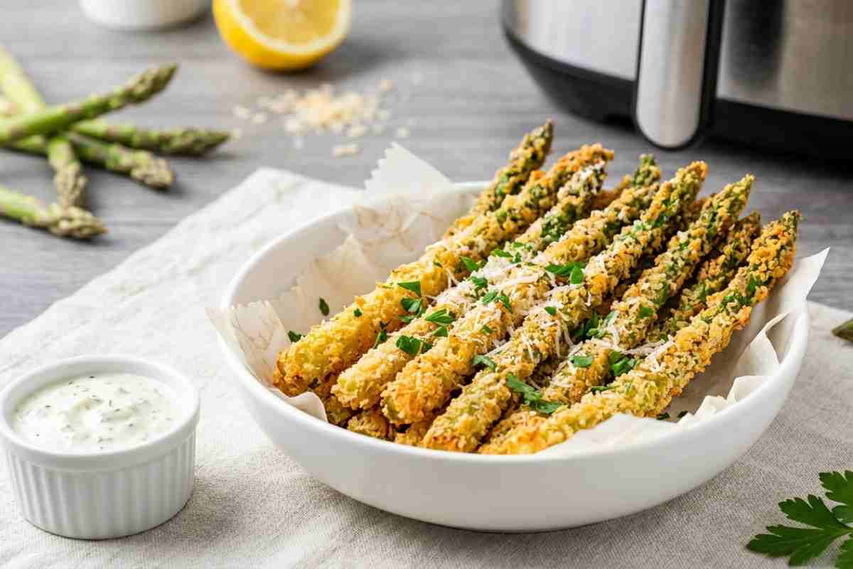 Piatto di asparagi croccanti in friggitrice ad aria con panatura dorata al parmigiano, serviti con salsa allo yogurt e limone. Una ricetta primaverile veloce e salutare.