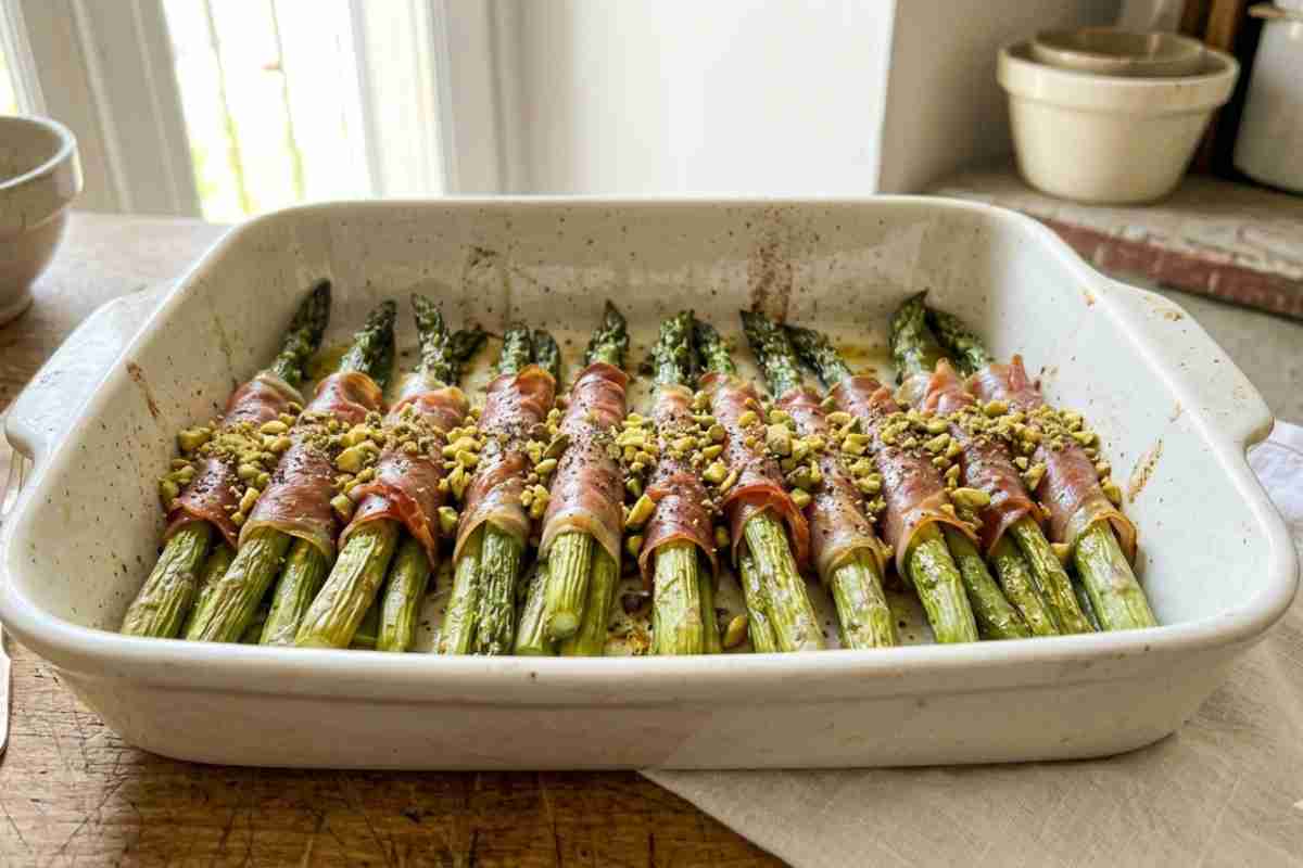 Asparagi al forno avvolti nel prosciutto crudo con granella di pistacchio in pirofila, ricetta facile e veloce.