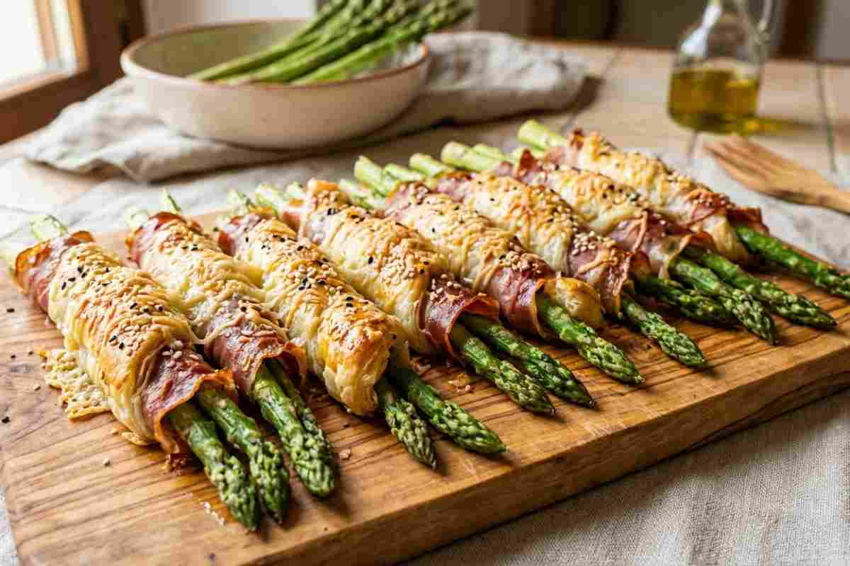 Asparagi in sfoglia con prosciutto crudo e parmigiano gratinati al forno su tagliere di legno.