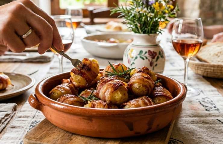 Una tavola imbandita dove una mano infilza con la forchetta un bocconcino di patata novella e pancetta croccante servito in una ciotola di terracotta, tra calici di vino e amici a cena.