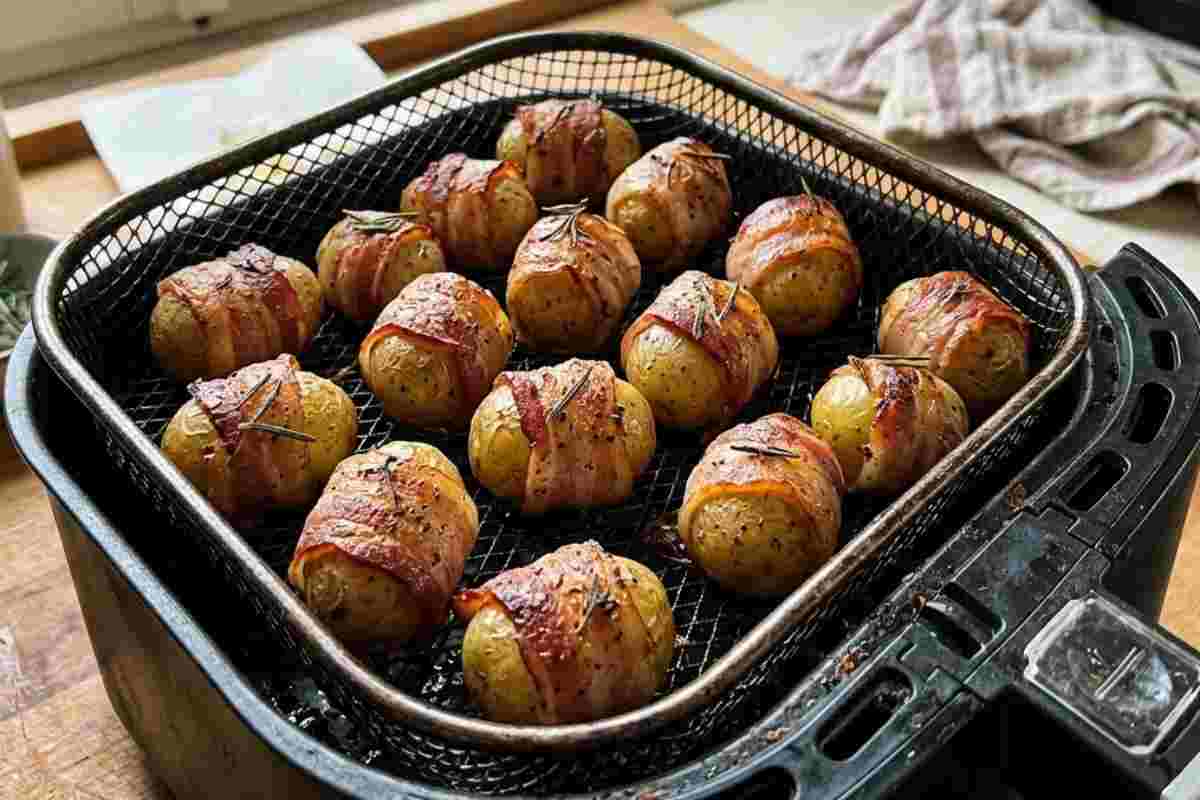 Cestello di una friggitrice ad aria appoggiato su un bancone da cucina in legno, contenente bocconcini di patate novelle avvolti in pancetta croccante e rosmarino, pronti da servire.