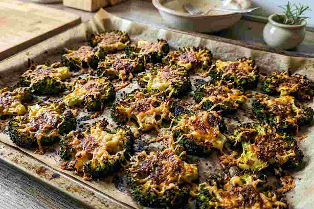 Teglia da forno con broccoli schiacciati (smashed broccoli) gratinati con parmigiano e provola, croccanti e dorati, pronti da servire.