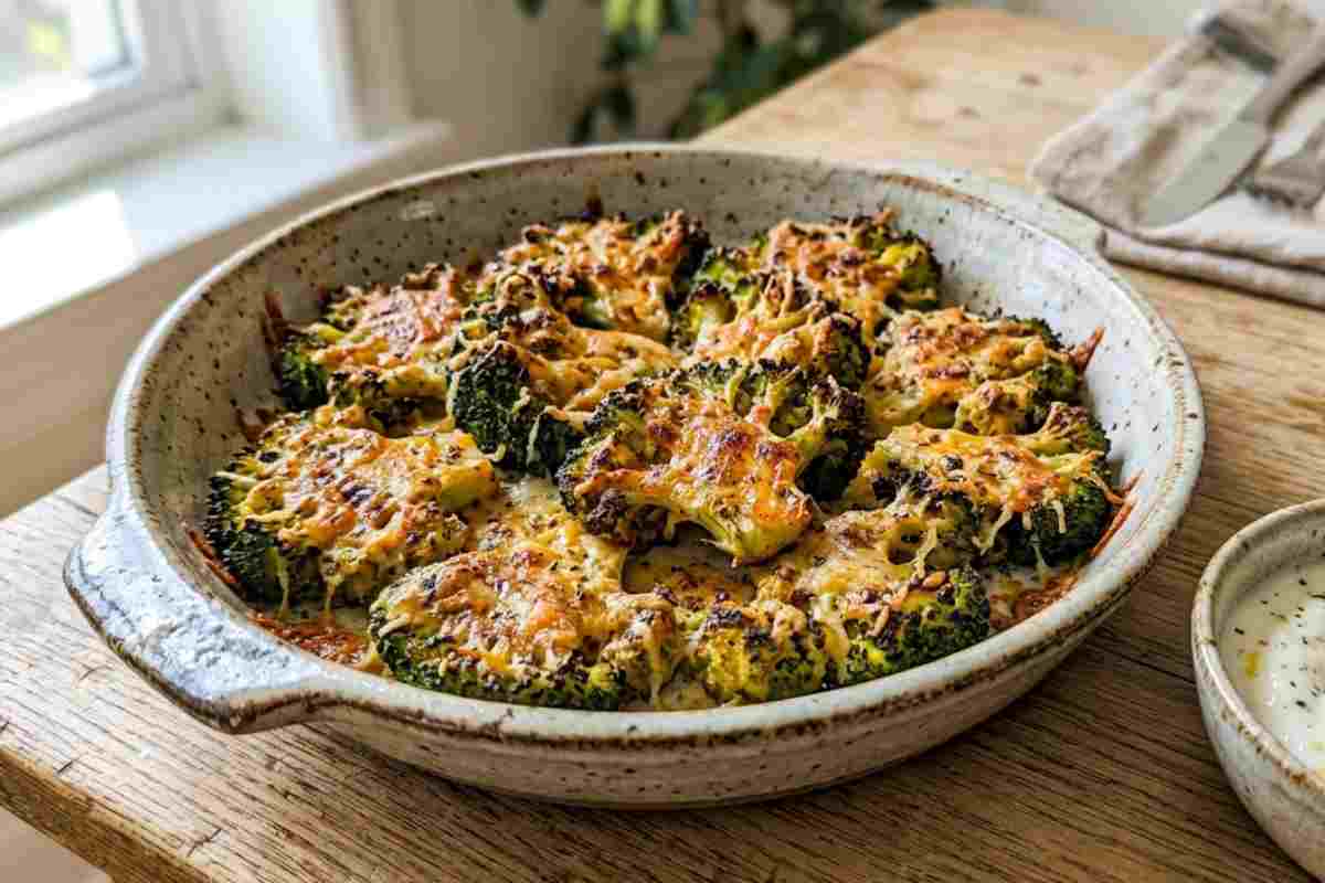 Broccoli smashed croccanti al forno con parmigiano e salsa allo yogurt in primo piano.