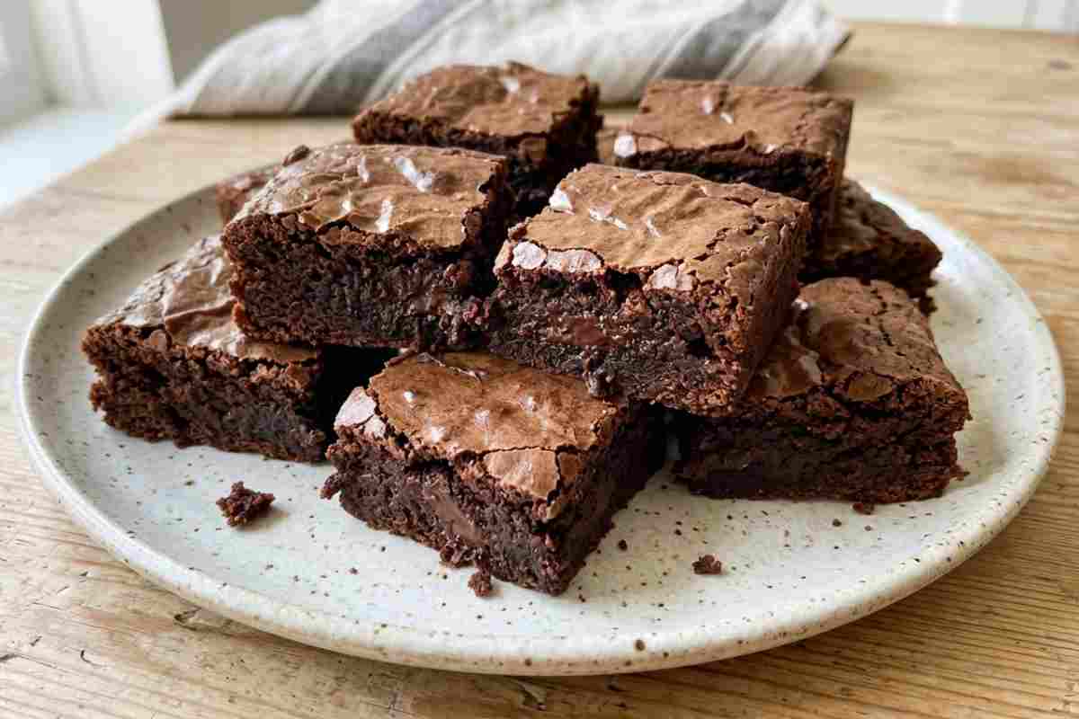 Brownies cremosi preparati in friggitrice ad aria, tagliati a cubetti su un piatto in una cucina luminosa. Si nota la consistenza fudgy e la crosticina sottile in superficie.