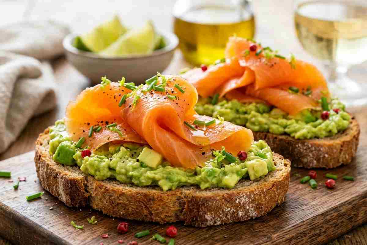 Bruschette di pane di segale con crema di avocado e salmone affumicato, decorate con erba cipollina e pepe rosa, presentate su un tagliere di legno rustico.