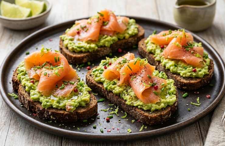 Vassoio con quattro bruschette di pane di segale guarnite con abbondante crema di avocado, fette di salmone affumicato, erba cipollina e scorza di lime.