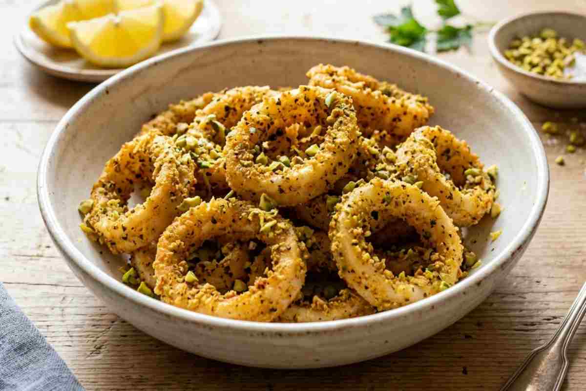 Piatto di calamari croccanti al pistacchio e limone appena sfornati, dorati e teneri, serviti in una ciotola rustica su un tavolo di legno con fette di limone fresco e granella di pistacchi.
