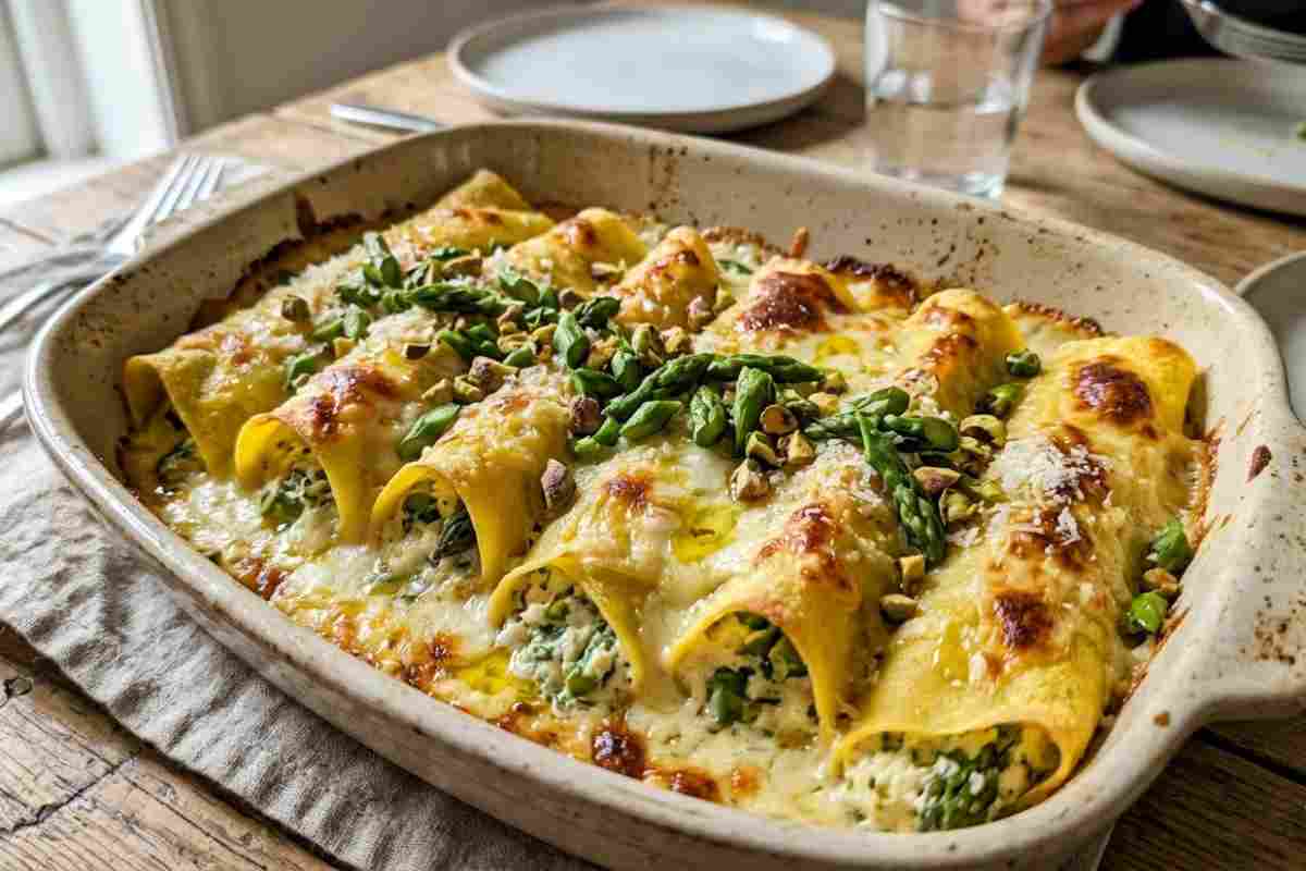 Piatto di cannelloni di crespelle con ricotta asparagi e taleggio gratinati al forno, primo piatto per Pasqua.