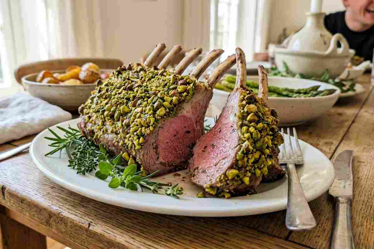 Carré di vitello in crosta di pistacchi di Bronte ed erbe aromatiche, servito a fette su un piatto da portata per il pranzo di Pasqua, con contorno di patate al forno e asparagi.