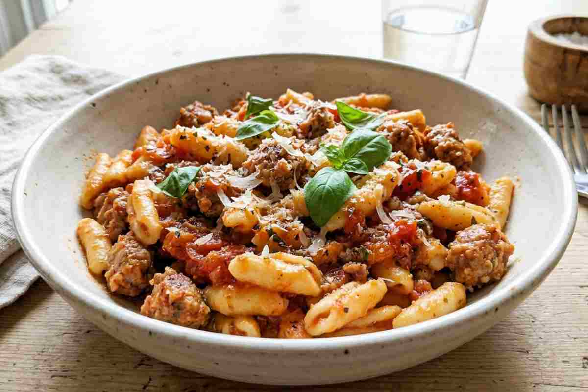 Cavatelli cremosi con sugo di salsiccia e pomodoro, Parmigiano e basilico fresco in una ciotola rustica su un tavolo di legno.